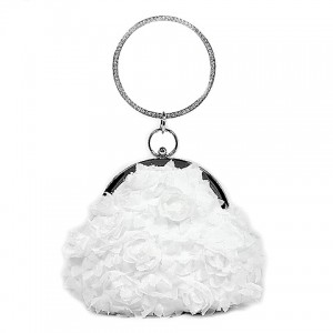 Evening Bag - 12 PCS - Chiffon Rosettes w/ Rhinestone Ring Wristlet - White - BG-100187W